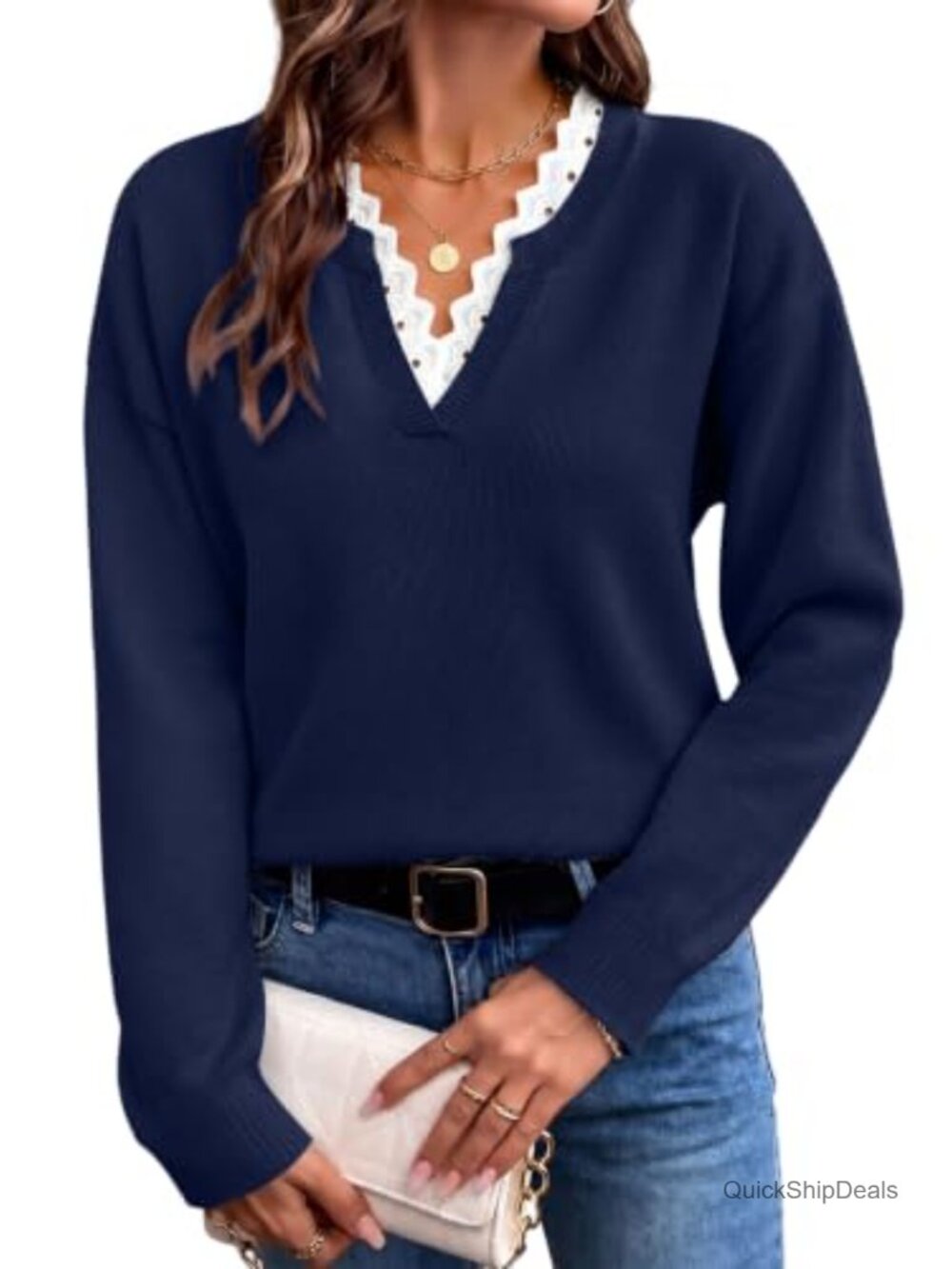 Womens V Neck Sweater Lace Trim Pullover Long Sleeve Business Casual Knit
